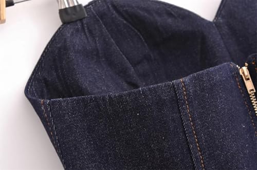 Women's Slim Fit Waist Pocket Decoration Denim Jacket Strapless High Waisted Pants Set2