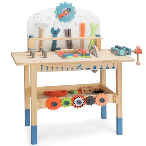 Image of Large Wooden Play Tool Workbench Toy Set for Kids, Toddlers Tool Bench Construction Toys Play, Baby Wooden Workshop Table, Learning Educational Birthday Gift for 3 4 5 6 Year Old Boys Girls