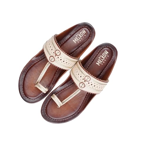 Image of Women's Kolhapuri Sandals - Handcrafted Leather Flats Chappals with Toe Ring, Comfortable Slip-On Ethnic Footwear with Embroidery & TPR Leather Sole