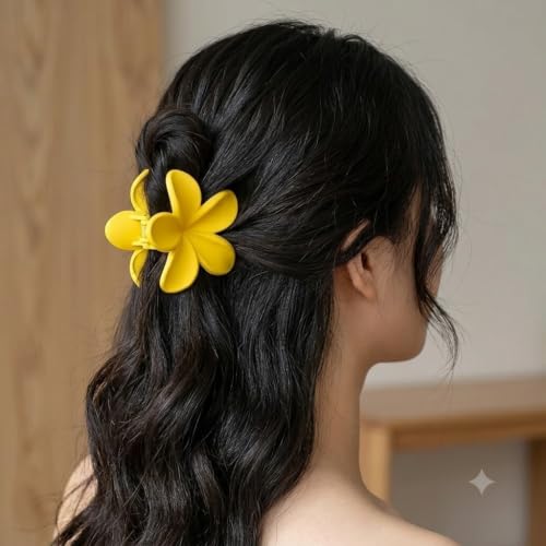 Image of Yellow Fashion Accessories Set for Women & Girls - Matte Flower Claw Clip, Plaid Plumeria Scrunchie, Geometric Hair Pins, Beaded Charm Bracelet 4Pcs