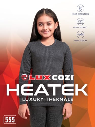 Image of Lux Cozi HEATEK Girl's Black Melange Round Neck Full Sleeves Thermal Top and Bottom Set | Thermal Set for Girls | Style - 555