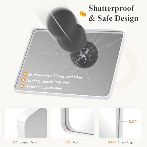 Image of Sweetcrispy Bathroom Mirror 36x24 Inch Metal Framed Rounded Rectangle Vanity Mirror for Wall, Over Sink, Farmhouse, Restroom, Anti-Rust, Modern Decorative, Horizontal or Vertical Hanging, White
