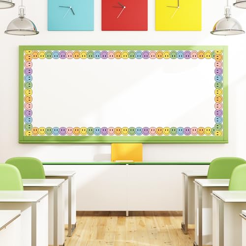 Image of Whaline 32.8 Ft Boho Happy Face Bulletin Board Border Pastel Color Smile Face Die Cut Trim Border Roll for Classroom Chalkboard Back to School Decor