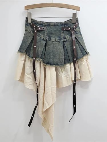 Women's Denim Skirts High Waist Patchwork Irregular Burrs Edge Folds Ribbons Short Skirt3