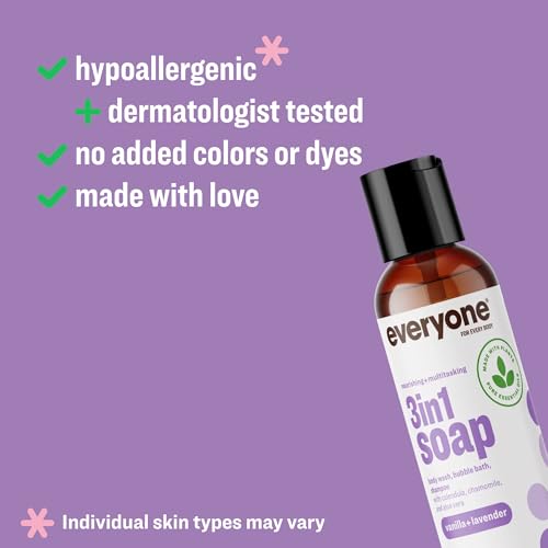 Image of Everyone 3-in-1 Soap Body Wash, Bubble Bath, Shampoo, Travel Size, 2 Ounce (Pack of 12), Vanilla and Lavender, made with Essential Oils for Men and Women | Travel size bulk 12-pack | shampoo + body wash + bubble bath | essential oils | natural | men and women