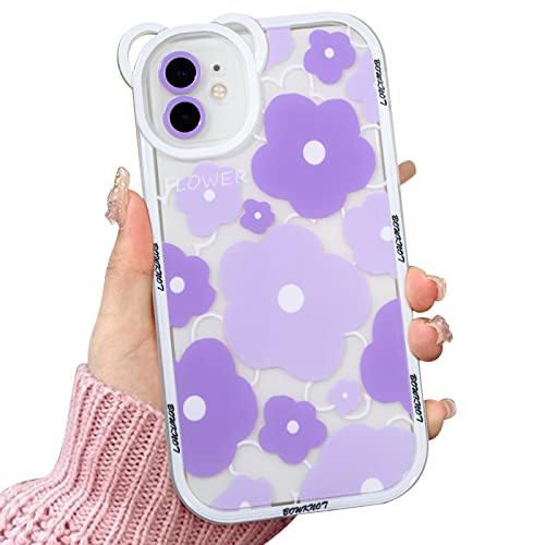 NITITOP Compatible for iPhone 11 Case Clear Floral Bear Camera Lens Case for Women Girls, Soft TPU Shockproof Protective -Purple