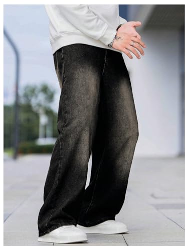 OYOANGLE Men's Wide Leg Denim Pants Casual Hip Hop Solid Loose Fit Jean Pants Streetwear Skateboard Pants3
