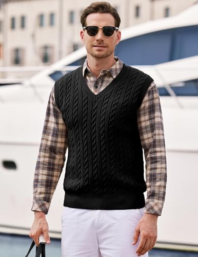 JMIERR Men's Sweater Vests Causal Sleeveless Cable Striped Knit V Neck Pullover2