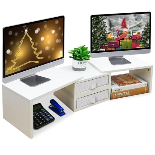 Image of TEAMIX Dual Monitor Stand Riser with 2 Drawers - Length and Angle Adjustable White Monitor Stand with Storage Large Computer Riser for 2 Monitors /Laptop /PC, Wood Screen /TV Stand Desk Organizer