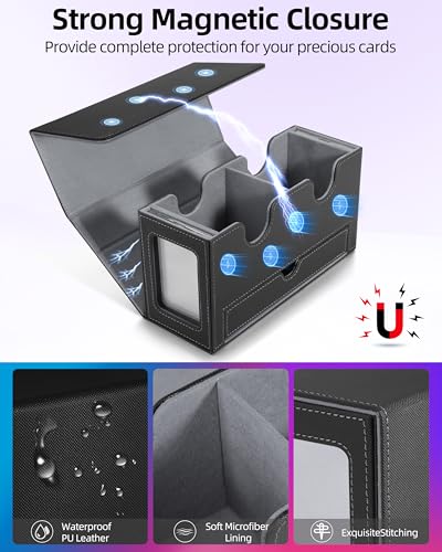 Image of MTG Deck Box, MTG Commander Card Deck Box with Commander Display, Fits 250+ Single Sleeved, Double Card Storage Box with Dice Tray, Magnetic Card Storage Case for CCG TCG Sports Cards, Black Grey