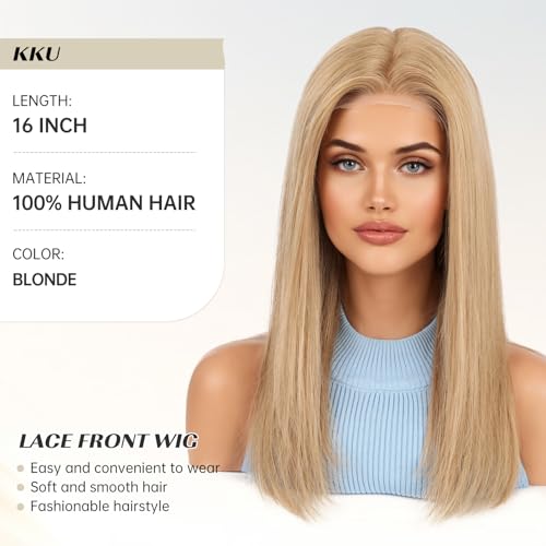 Image of KKU 5x5 Lace Front Human Hair Wig, Double Breathable Lace with Skin-Friendly Silk Base and Non-Slip Silicone Grips, Middle or Parted Natural Hairline Wigs for Women (16 Inch, Blonde)