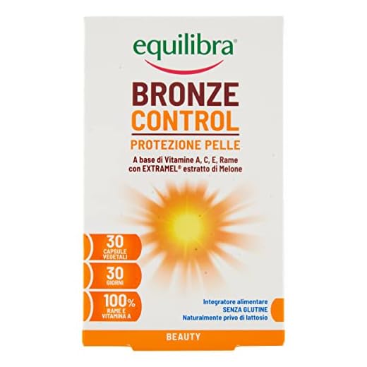 Equilibra Integratori Alimentari, Bronze Control, Integratore Vitamina A, Vitamina C, Vitamina E e Rame, con Estratto di Melone Brevettato, per l'Esposizione Solare, Senza Glutine, 30 Capsule Vegetali