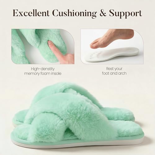 Image of Ankis Women's Fuzzy Slippers Cross Band Memory Foam Open Toe Comfy Soft House Shoes Anti-Slip Indoor Outdoor Gifts for Women