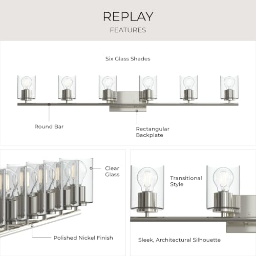 Image of Progress Lighting Replay 48 Inch 6-Light Vanity Light, Transitional, Polished Nickel with Clear Glass Shades, (7.875 inch H x 48 inch W x 6 inch D), P300585-104
