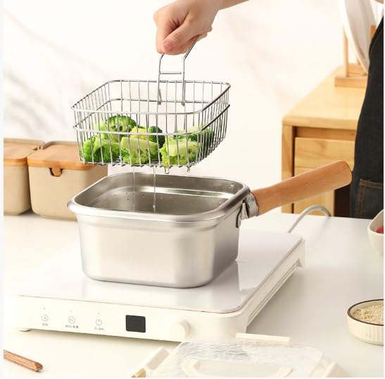 Image of Stainless Steel Square Oil Filter Frying Pot With Lid | Multi-Functional Tempura Deep Fryer & Steamming Pot | Kitchen Stock Pot For Cooking Portable Crisper Pan.