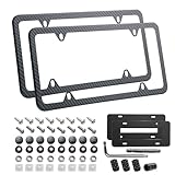 Carbon Fiber License Plate Frame, Carbon Patterns Printed Heavy Duty Black Stainless Steel Front Rear Car Tag Holder Cover, Stainless Steel Anti-Theft Screws, Caps, Rattle Proof Pads, 2 Pack 4 Holes