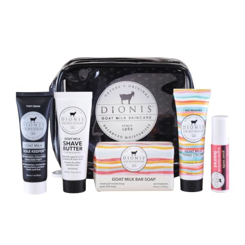 Image of Dionis Goat Milk Moisturizng Body Travel Kit, Sea Treasures, 6 Pack | TSA Approved, Hand Cream, Foot Cream, Lip Balm, Shave Butter, Bar Soap & Carrying Case