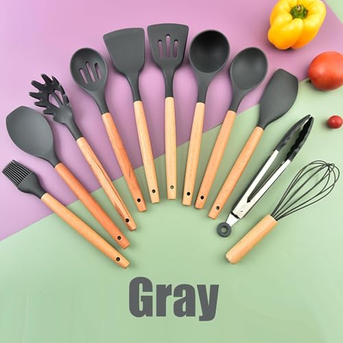 Image of Barebeauty 12 Pcs Silicone Kitchen Utensils Set with Holder Heat Resistant Silicone Spatula | Turner Set Wooden Spoons Kitchen Tools | Cooking Utensils for Nonstick Cookware (Grey)