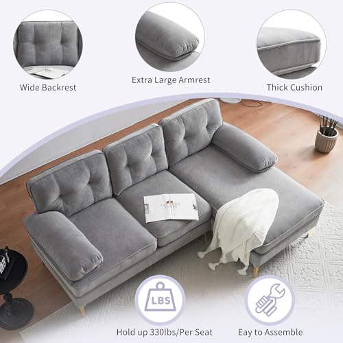 P PURLOVE Sectional Sofa, Velvet L-Shape Sofa with Chaise Lounge, Modern L-Shape Couch for Living Room, Small Spaces (Light Grey)