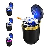 Suvnie Car Ashtray with Lid, Detachable Stainless Steel Smokeless Auto Ashtray with Blue LED Light, Mini Vehicle Trash Can for Cup Holder Home Office, Interior Car Accessories (Golden)