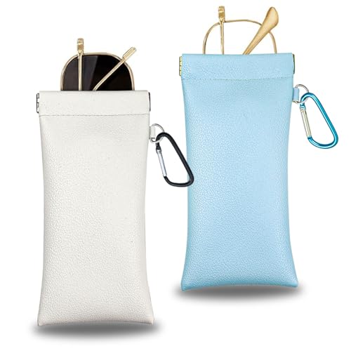 CHANGAR Portable Eye Glasses Case with Clip，2 Pack Squeeze Top Sunglass Pouch Soft Sunglasses Cases Travel Glasses Pouch