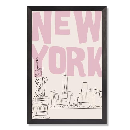 New York Cityscape Line Poster Bold Pink Text Stylized Statue Of Liberty Canvas Wall Art Iconic Skyline One World Trade Center Prints For Home Bedroom Dorm Wall Decor 8x10in Black Framed Flat