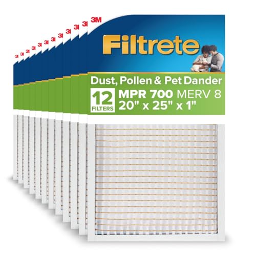 Filtrete 20x25x1 AC Furnace Air Filter MPR 700 MERV 8 Tough on Pollen Easy on Airflow 3-Month Pleated 1-Inch Electrostatic Air Cleaning Filter 12-Pack (Actual Size 19.69 x 24.69 x 0.81 in)