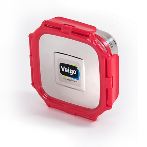 Image of Veigo Original Set Pack of 3 Stainless Steel Airtight & Leakproof Medium Lunch Box with Silicon Ring & Polymer Frame for Re-Heating|Safe Lid Lock|Square (330ML) Red