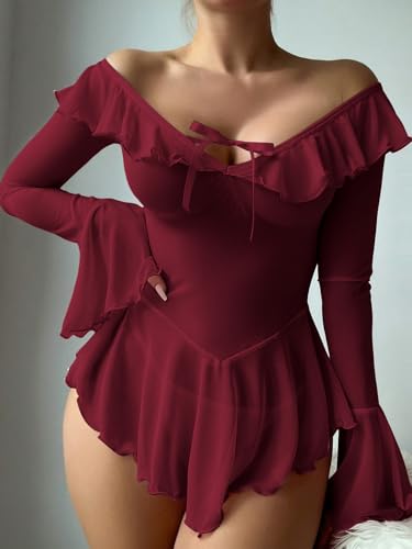 Image of OYOANGLE Women's 2 Piece Off Shoulder Long Sleeve Ruffle Mesh Sheer Nightgowns with Thongs Babydoll Lingerie Set