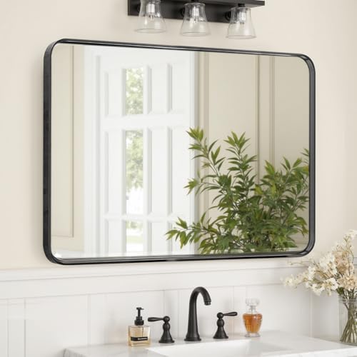 Sweetcrispy Bathroom Mirror 40x30 Inch Black Metal Framed Rounded Rectangle Vanity Mirror for Wall, Over Sink, Farmhouse, Restroom, Anti-Rust, Modern Decorative, Horizontal or Vertical Hanging