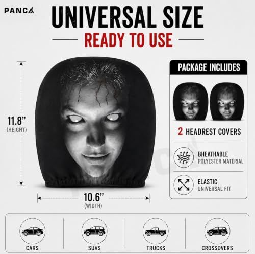 Image of PANCA 2 Pack Scary Car Headrest Covers, Upgraded Snug Fit Universal Headrest Cover, Breathable Polyester Ghost Face Seat Protector for Halloween Car Interior Decoration, Vehicle Accessories