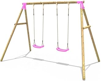 Rebo® Children's Wooden Garden Swing Set - Venus Pink | OutdoorToys | Pressure Treated Timber, Soft Feel Ropes, Two Green Swing Seats, Sturdy Construction for Kids