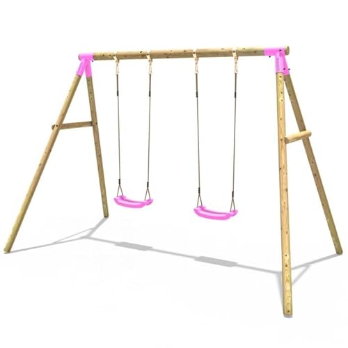 Rebo® Children's Wooden Garden Swing Set - Venus Pink | OutdoorToys | Pressure Treated Timber, Soft Feel Ropes, Two Green Swing Seats, Sturdy Construction for Kids
