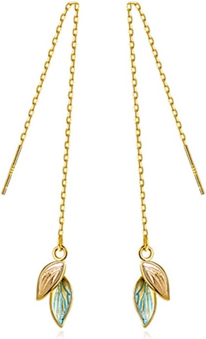 Reffeer Solid 925 Sterling Silver Leaf Chain Dangle Earrings for Women Teen Girls Leaf Dangle Drop Earrings Threader Tassel