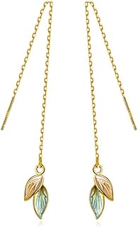 Solid 925 Sterling Silver Leaf Chain Dangle Earrings Threader for Women Girls Leaf Dangle Drop Earrings Tassel