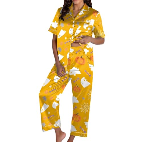 Image of Womens Halloween Pyjamas Ghost Print Shirt and Long Trousers