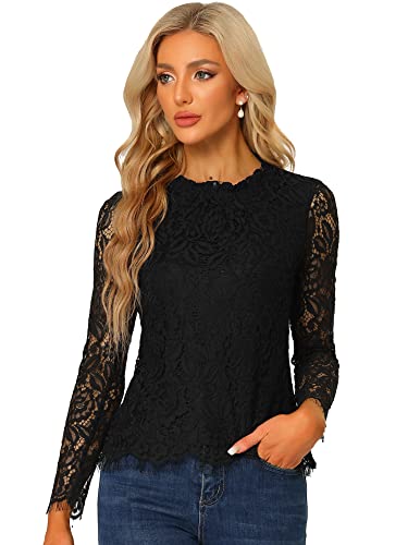 Allegra K Women's Lace Top Long Sleeve Ruffle Neck Floral Blouse