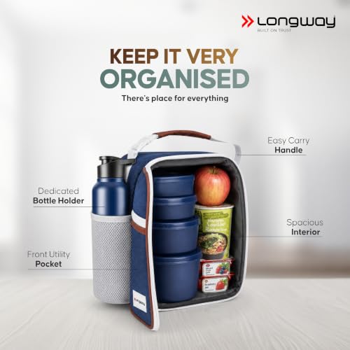 Image of LONGWAY Kivo Lunch Box with 3 Containers, 750ml Stainless Steel Bottle & Insulated Bag | Microwave Safe Food-Grade Containers (290ml, 400ml & 600ml) | Cutlery & Pickle Box | Indigo