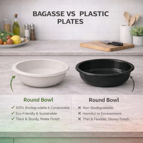 Image of Eco Aaroyaa Disposable Bagasse Bowls - 180 ML - Pack of 50 Biodegradable DIsposable Bowls - Eco-Friendly Dip, Sauce & Chutney Disposable Cups - Leak-Resistant Small Serving Bowls (Pack of 50)