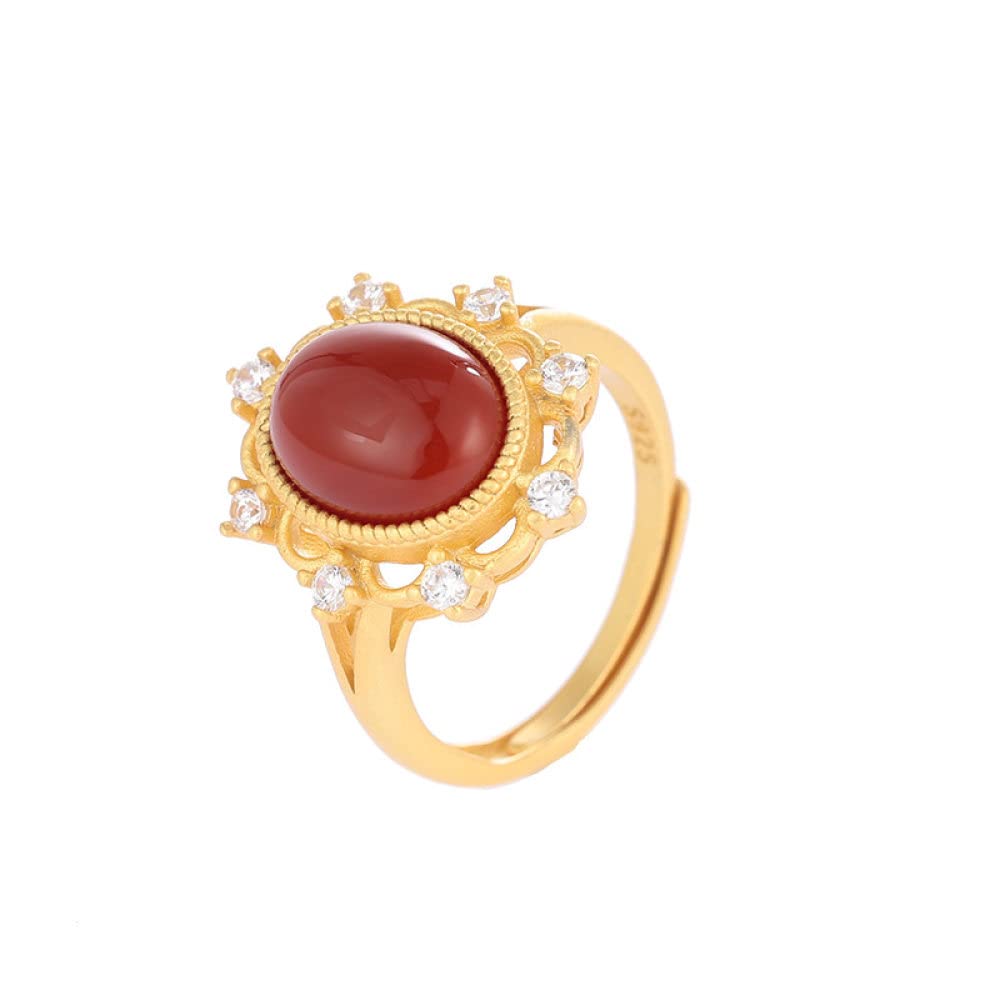 HGJH Ringe Silber, 925Er Sterlingsilber Vergoldete Micro-Set Zirkon Blumenform Ausschnitt Boho Oval Roter Achat Ewigkeitsringe Vergoldete Trauringe Versprechen Ringe Für Mädchen Damen