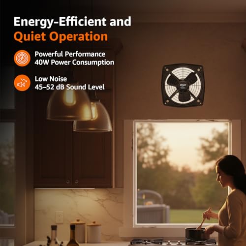 Image of Amazon Basics 9 inch Fresh Air Exhaust Fan | 40W | 230 mm Sweep | Corded Electric | Window Mount | 45-52 dB | Indoor Use | Metal - Black