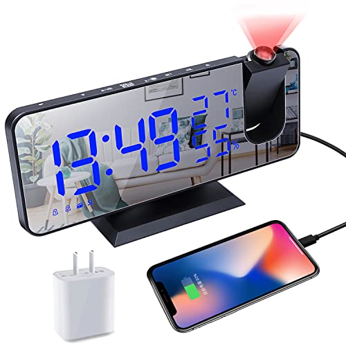 Projection Digital Alarm Clock for Bedrooms,Alarm Clock Radio on Ceiling, USB Charger Port, Temperature & Humidity Display, 7.3” Large Mirror LED Display,12/24H,Snooze,Dual Loud Clock- 4 Dimmer