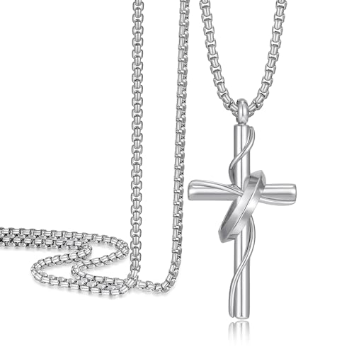 Cross Necklace for Men, Stainless Steel Christian Cross Pendant Necklaces for Men, Silver Chain Necklace for Men, Fade-Resistant, Stylish Jewelry Gift for Him