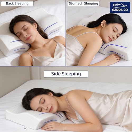 Image of GADDA CO Cervical Pillow for Neck & Shoulder Pain - Orthopedic Memory Foam Neck Support Pillow for Sleeping, Contour & Side Sleeper, Spondylitis Relief, Anti-Snoring - 20x12x2.5 Inch, White, Pack of 2