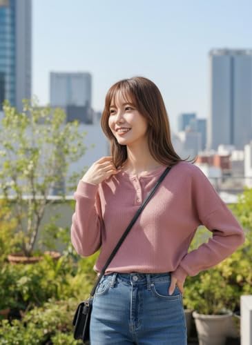 Image of Zilcon Full Sleeve Waffle (Wool) Oversized Tshirt for Women, Button Down Neck Longline Drop Shoulder Sweatshirt for Women