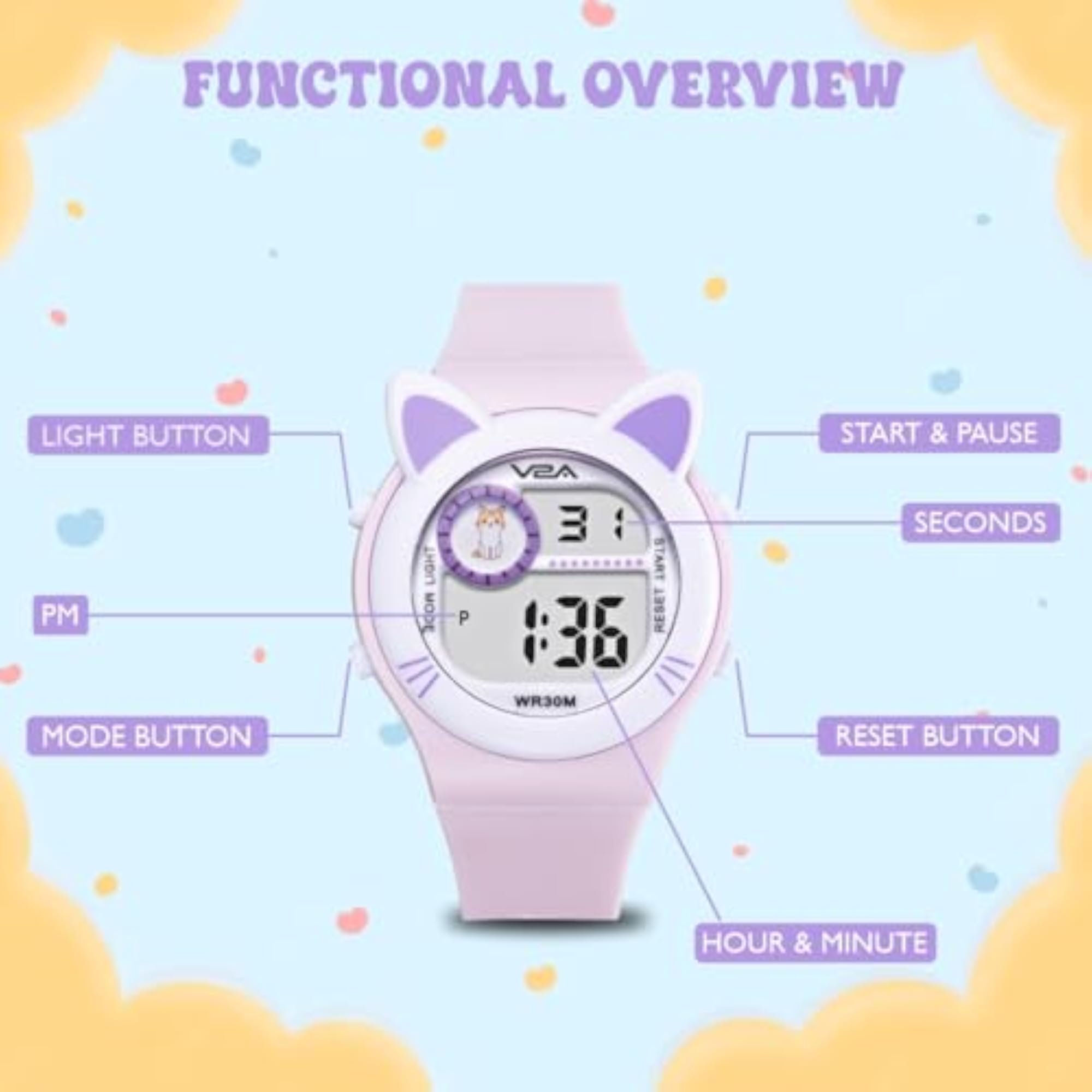 Girls Digital Watch with Cat Ears, 7 Color Backlight