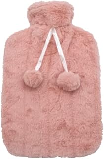 TRIXES Pink Fluffy Hot Water Bottles  Body Warmer & Pain Relief Heat Pad  Perfect Gifts for Men Women & Kids for The Cold Season  Warm Back Neck Feet Hands  Cover with Pom Poms & 2 Litre Bottle