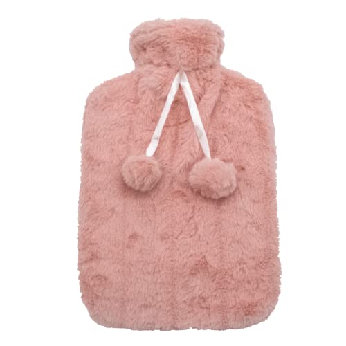 Large Fluffy Hot Water Bottle Cover – Cover Only (Hot Water Bottle not Included) – One Size for 2 Litre Bottle – Blush Pink with Pom Poms– by TRIXES