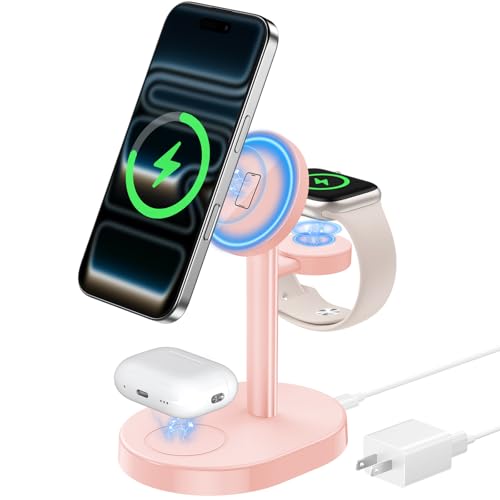 Hevanto 2026 MagSafe充電器 3in1 ワイヤレス充電器 Qi認証 極小 15W急速充電スタンド iPhone 17/17e/16/15/14/13/12 Watch AirPods対応 マグセーフ充電器 3台同時充電 まぐせいふ強力磁気 超低温 超軽量 置くだけ充電 卓上すっきり 省スペース アダプター付属 マカロンピンクの商品画像（Amazon）
