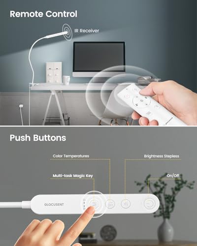 Image of Glocusent 38 LED Clip On Light: 5W Eye Caring Book Lights for Reading at Night - 5 Color & 5 Brightness with a Remote, 30-Min Auto Off Timer, Multi-Purpose Clip Lamp for Bed Reading /Studying /Working